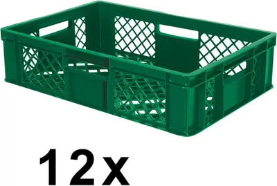 A green plastic crate is shown from a slightly elevated side angle against a white background. The text '12x' is displayed prominently below the crate.