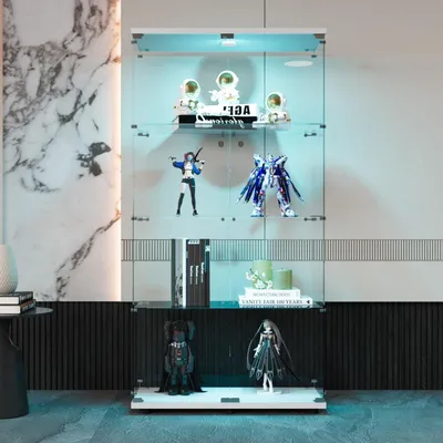 Produktbild von Glasvitrine Standvitrine mit LED, abschließbar, 2 Türen, 4 Einlegeböden, Weiß