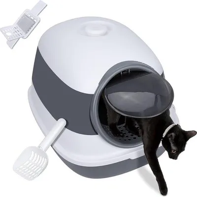 Imagen del producto de Arenero para gatos Unyqoos® con tapa – arenero cerrado para gatos (PP/PET) con filtro de aire y pala, base a prueba de fugas, reduce la dispersión de la arena, 54 x 41 x 40 cm