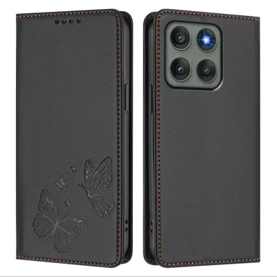Obrázek produktu pro Kožené pouzdro pro Motorola Edge 60 Pro, motýlí ražbou, peněženkové flip pouzdro se stojánkem Černá