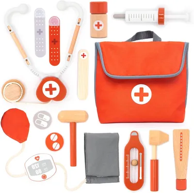 Image de Mallette de docteur en bois - Ensemble de jeu médical - Jeu de rôle pour enfants - 14 pièces. Dimensions : 18 x 7,5 x 20,5 cm