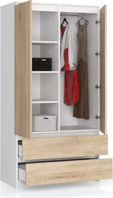 Produktbild von BDW, Kleiderschrank 2 Türen, 2 Schubladen, 180x90x51 cm, Weiß / Eiche Sonoma