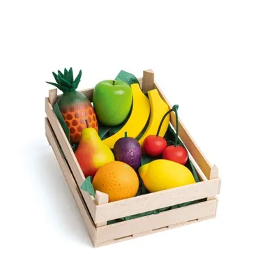 A wooden crate filled with toy fruits.