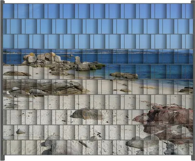 Produktbild von Wallario Zaunsichtschutz mit Motiv Felsen auf einem Sandstrand für Ein- und Doppelstabmatten Zäune in der Größe 250 x 200 cm