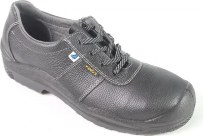 A black leather safety shoe is shown against a white background.