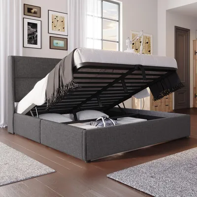 Immagine prodotto di OKWISH Letto a cassettone 160 x 200 cm - Contenitore sotto il letto e rete a doghe flessibile - Senza materasso - Grigio