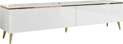 Produktbild von RTV Schrank AURORA auf Beinen Weiß / Weiß hochglanz schräge gold Chrom Beine