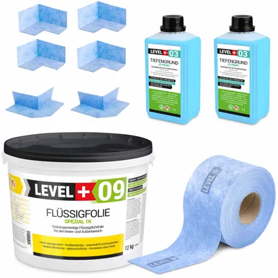Zdjęcie produktu dla Zestaw do Hydroizolacji Folia w Płynie 12kg Taśma uszczelniająca 10mb Środek Gruntujący Łazienka Prysznic Level+ SET60