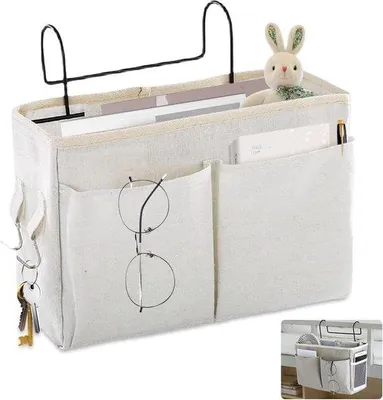 Immagine prodotto di Portaoggetti da letto con struttura in metallo, organizer, ganci, ripiano per riviste e cellulare, nero
