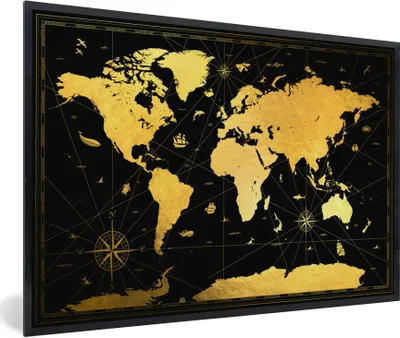 Produktbild von MuchoWow® Gerahmtes Poster Weltkarte - Gold - Schwarz - Luxus 90x60 cm - Poster mit Schwarzem Bilderrahmen Wandposter Rahmen Foto Bilder - Fotorahmen - Foto-Plakat