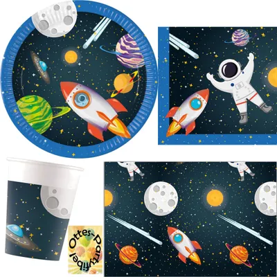 Produktbild von Space-Rocket-Weltraum-Rakete-Party-Set 53tlg. - für 16 Entdecker Teller Becher Servietten Tischdecke
