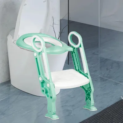 Image de Rehausseur de toilettes pour enfants - Siège de toilettes avec échelle - Pliable - Réglable en hauteur - Marches larges - En plastique - Pour les enfants de 25 à 36 mois - Blanc et vert
