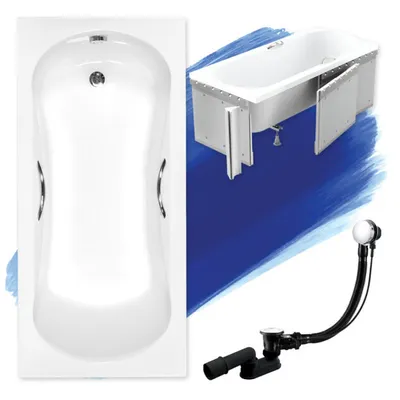Zdjęcie produktu dla Wanna Akrylowa Zestaw 5w1 Prostokątna 170x70 Biała + Zabudowa Styropianowa + Uchwyty, Nowoczesny Syfon i Nogi (stelaż) w komplecie | BADLAND ARIA PLUS
