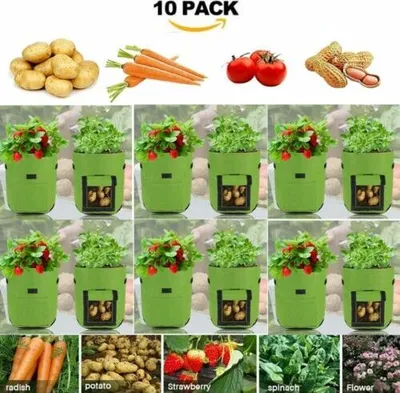 Image de 10 sacs de plantes, sac de plantation de pommes de terre 7 gallons avec poignées et fenêtre, respirant sac de légumes Grow Bag sac de plantation pour carottes/oignons/légumes (vert)