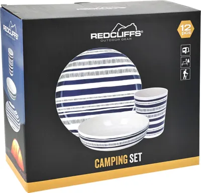 Produktbild von 12-tlg. Camping-Geschirr Set aus Melamin - immer wieder verwendbar spülmaschinen und mikrowellengeeignet - Kunststoffteller - Becher Picknick-Geschirr