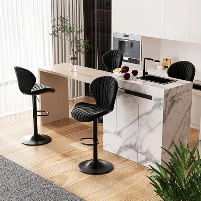 Image de Ensemble de 4 tabourets de bar, réglables en hauteur avec dossier, revêtus de tissu noir, hauteur 63-85 cm, pivotants à 360°