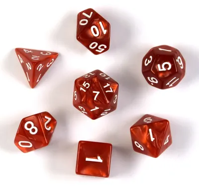 Produktbild von 7 polyedrische Würfel für Rollen- und Tabletopspiele in rot mit Beutel