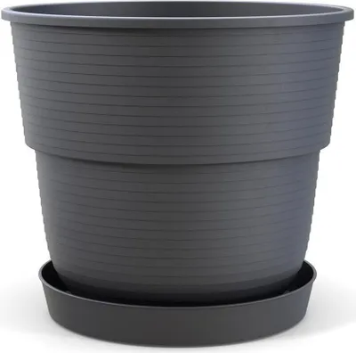 Produktbild von Plastard Blumentopf Milano 32 cm Durchmesser mit passenden Untersetzer Farbe Anthrazit Übertopf Blumenkübel für Garten Balkon Terrasse Pflanztopf