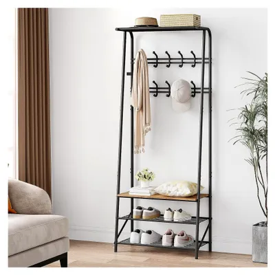 Produktbild von Garderobenständer mit Schuhbank, stabiler Kleiderständer mit 3 Ablagen und 10 Haken, 4-in-1 Design aus Metall für Flur, Eingang, Wohnzimmer, 64x29x180 cm