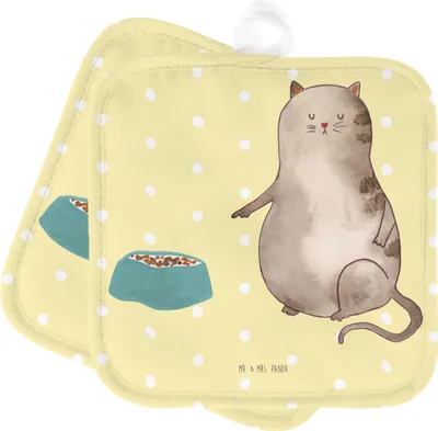 Produktbild von Mr. & Mrs. Panda Topflappen Katze Fressen - Gelb Pastell - Geschenk, Topflappenset, Kochlappen, Topfuntersetzer, Set, topfhalter