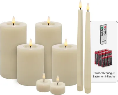 Produktbild von Candela Lights LED Kerzen 8er Set Winter glatt Echtwachs inklusive Fernbedienung und Batterien Timer Funktion & mehrstufig dimmbar flammenlos Echtwachskerzen Stumpenkerzen