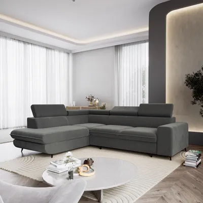Produktbild von Masseno Ecksofa VELISS mit Schlaffunktion L-Form, Sofa mit Bettkasten, Wohnzimmersofa, Couch, Soffa, Bettsofa, Couchgarnitur- Grau, CASTEL 93