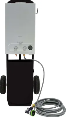 Zdjęcie produktu dla Przenośna prysznic dla koni ze stalowym wózkiem, czarny, 18 l, podgrzewacz przepływowy, bojler gazowy, ogrzewanie na LPG, wąż wodny o długości 10 m i pistolet natryskowy z 9 trybami, kemping, outdoor, schowek, boczne haczyki i akcesoria