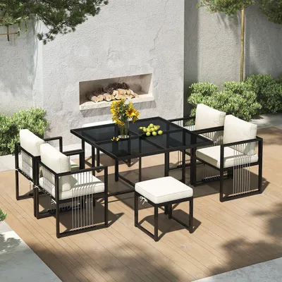 Immagine prodotto di Set da salotto da giardino Sweiko, set di tavolo e sedie da pranzo da 7 pezzi per 6 persone, tavolo in vetro temperato