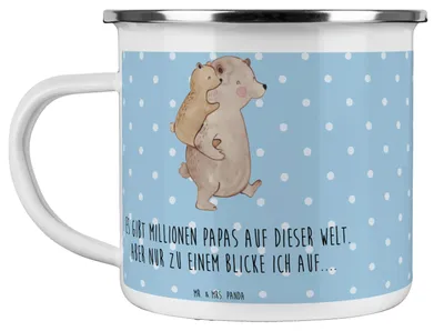 Produktbild von Mr. & Mrs. Panda Emaille Tasse Papa Bär - Blau Pastell - Geschenk, Haferl, Teetasse, Pott, Kaffeepott, Muttertag, Vatertag, Vater, Geburtstag, Becher