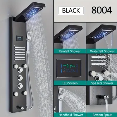 Imagen del producto de Panel de ducha multifunción de acero inoxidable (6 en 1) – Sistema de ducha de lluvia de color mate con pantalla LCD y función de masaje – Montaje en pared