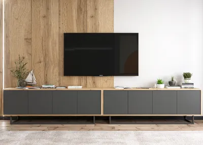 Obrázek produktu pro 2 ks RTV skříňka - Apollo2 + Apollo2 - TV skříňky - Loftový styl, Lindner nábytek - 300cm, Dva černé kovové rámy, Barva: dub Wotan - grafitový matt