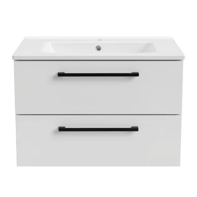 Produktbild von Waschtisch mit Unterschrank ONE mit Waschbecken 2 große Schubladen Weiß Hochglanz 60x50x46 hängend Badmöbel Badezimmer schwarze Griffe Badezimmermöbel