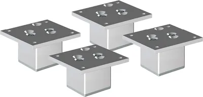 Four silver square furniture feet are arranged in a cluster against a white background.