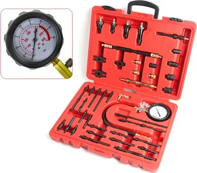 Image de Testeur de compression - Kit de test - 0-40 bar / 600 psi - Pour moteurs essence et diesel - Manomètre avec tuyau - Rouge