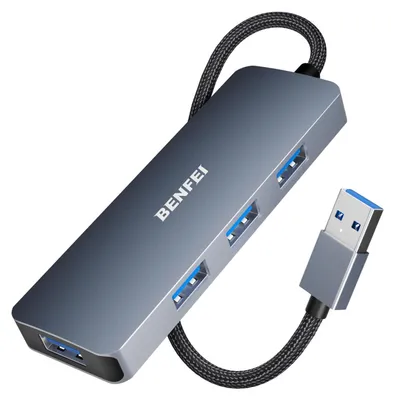 A gray USB hub with four blue USB ports and a braided cable is shown against a white background.