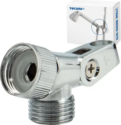 A chrome-plated shower hose connector is shown against a white background, with a product box in the upper right corner.