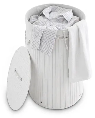 Produktbild von Relaxdays Wäschekorb Bambus, faltbare Wäschetonne mit Deckel, Volumen 70 l, Wäschesack Baumwolle, rund Ø 41 cm, weiß