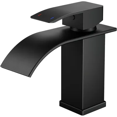 Productafbeelding van Douchekraan, badkamer, zwarte afwerking, watervalmodel, wastafelmengkraan, éénhendelbediening, 80 mm uitloophoogte, matzwart