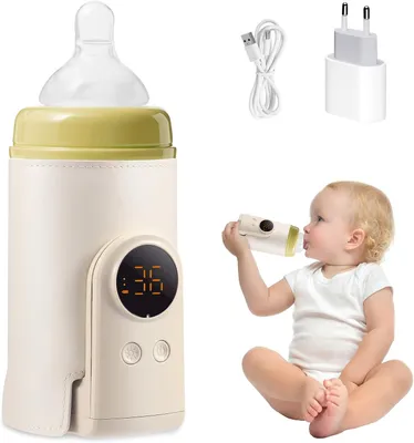 Obrázek produktu pro Přenosný ohřívač lahví (6000 mAh, 18 W, bezdrátový, funkce rychlého ohřevu, 6 teplotních stupňů (38–50 °C)), kompatibilní s 99 % všech kojeneckých lahví, s LED nočním světlem a USB-C portem – ideální do auta a pro ohřev mateřského mléka