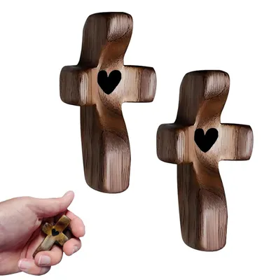 2er-Set Holzkreuz mit Herz, handgeschnitzt, 5 x 3 cm