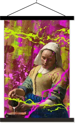 Produktbild von MuchoWow® Textilposter Milchmädchen - Johannes Vermeer - Neon 60x90 cm mit schwarzem Rahmen - Poster Wohnzimmer