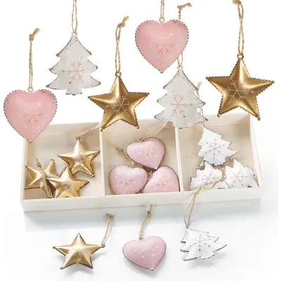 Produktbild von 18 kleine Christbaumanhänger aus Metall Herz + Stern + Baum - rosa Gold weiß