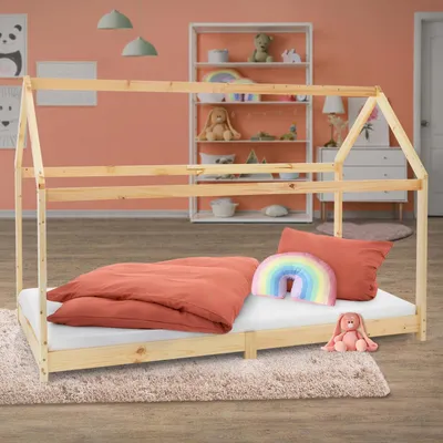 Produktbild von ML-Design Kinderbett 90x200 cm mit Dach und Lattenrost, Natur, Hausbett aus massivem Kiefernholz Bodenbett Holzbett Jugendbett Spielbett Zelt