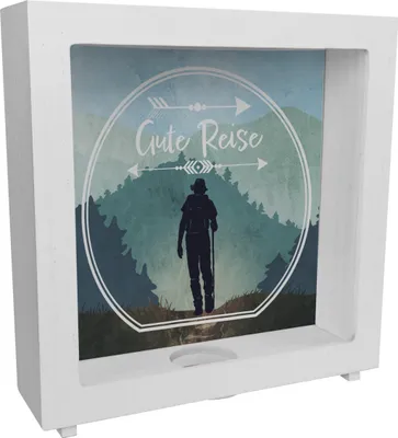 Produktbild von Gute Reise Rahmen Spardose aus Holz mit Wander Motiv