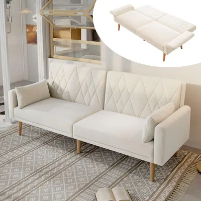 Immagine prodotto di Divano letto Merax, divano a due posti con funzione letto, schienale e braccioli regolabili, 2 cuscini, divano, divano letto, divano da salotto, velluto, beige