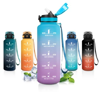 Produktbild von JAPORIA Trinkflasche 1,5L auslaufsicher mit Strohhalm, Zeitmarkierung,