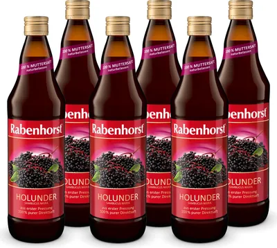 Six bottles of Rabenhorst Holunder juice arranged in two rows.