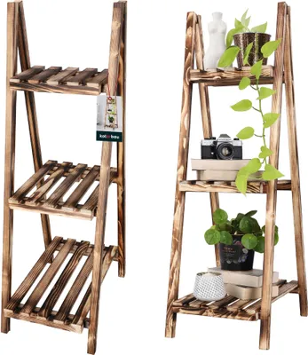 Produktbild von KOTARBAU® Blumentreppe Holz geflammt Blumenleiter Holz 114 x 37 x 50 cm Braun Pflanzleiter Outdoor & Indoor Blumentreppe klappbar Blumenleiter Balkon Blumenregal