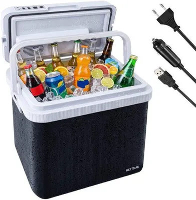 Zdjęcie produktu dla HEFTMAN Lodówka elektryczna 24L - izolowana, przenośna lodówka elektryczna 12V/240V z wtyczką sieciową, kablem USB-A i wtyczką samochodową 12V, funkcja chłodzenia i podgrzewania