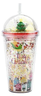 Productafbeelding van Kerstbekers van 450 ml, gemaakt van kunststof, dubbelwandig, met rietje en deksel